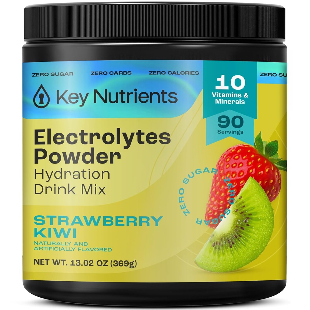 KEY NUTRIENSER Multivitamin Elektrolyter Powder Ingen sukker - saftig Strawberry Kiwi Electrolyte Powder - Endurance & Energy Supplement - Hydration Powder - Ingen kalorier - 90 Servering - Made in USA