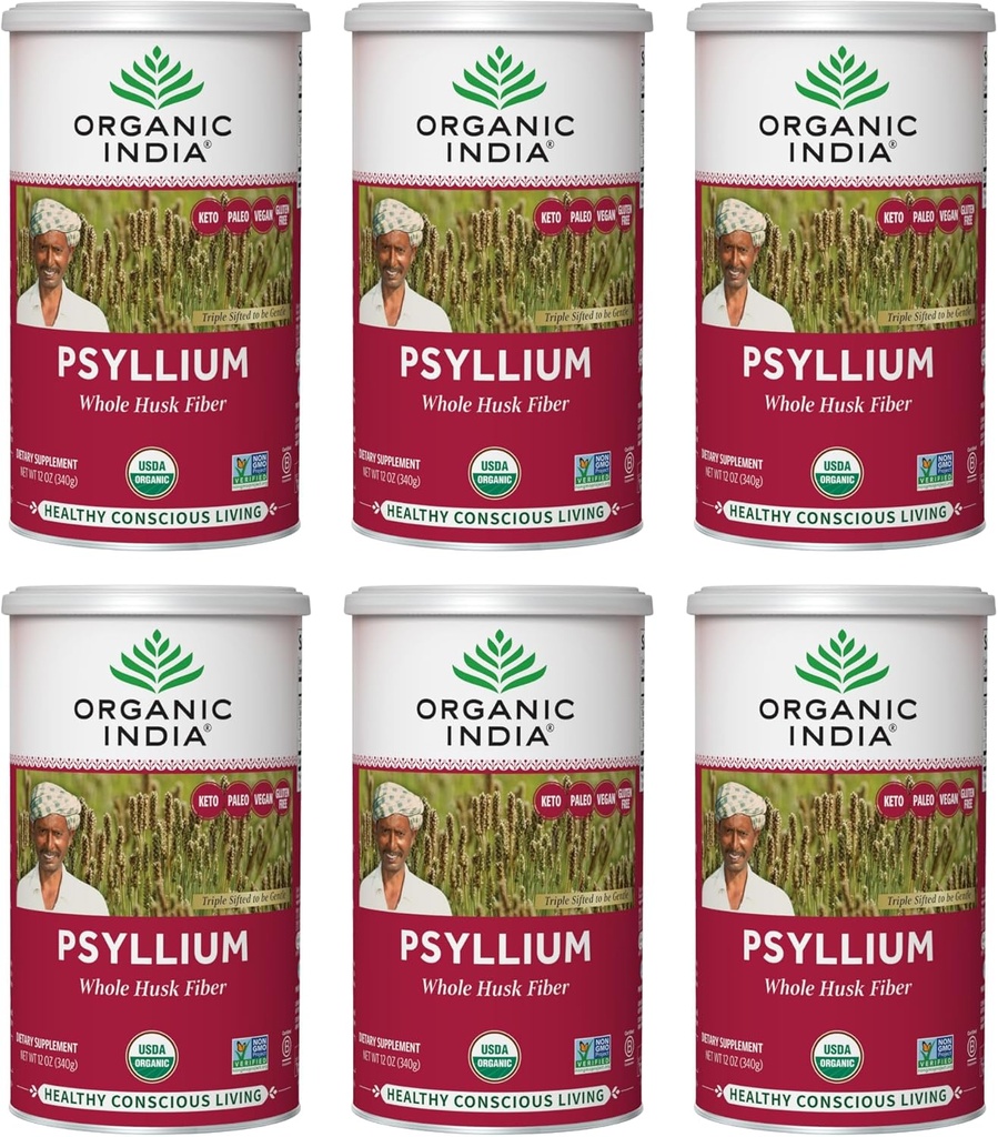ORGANISK INDIA Hele Psyllium Husk Powder Organic - Psyllium Husk Fiber Supplement, fordøjelsesstøtte, Vegan, Glutenfri, Non- GMO, Opløselig & Uopløselig Fiber Kilde - 12 oz Canister, 6 Pack