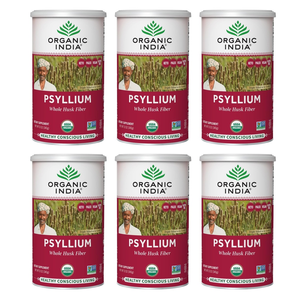 ORGANISK INDIA Hele Psyllium Husk Powder Organic - Psyllium Husk Fiber Supplement, fordøjelsesstøtte, Vegan, Glutenfri, Non- GMO, Opløselig & Uopløselig Fiber Kilde - 12 oz Canister, 6 Pack