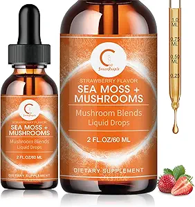 Sea Moss & Mushrooms Liquid Drops, Lions Mane Supplement med Irish Sea Moss & Cordyceps osv., Support for Memory, Focus & Clarify, Immun og fordøjelsessygdomme, non-GMO, Strawberry Flavor, 2 FL OZ