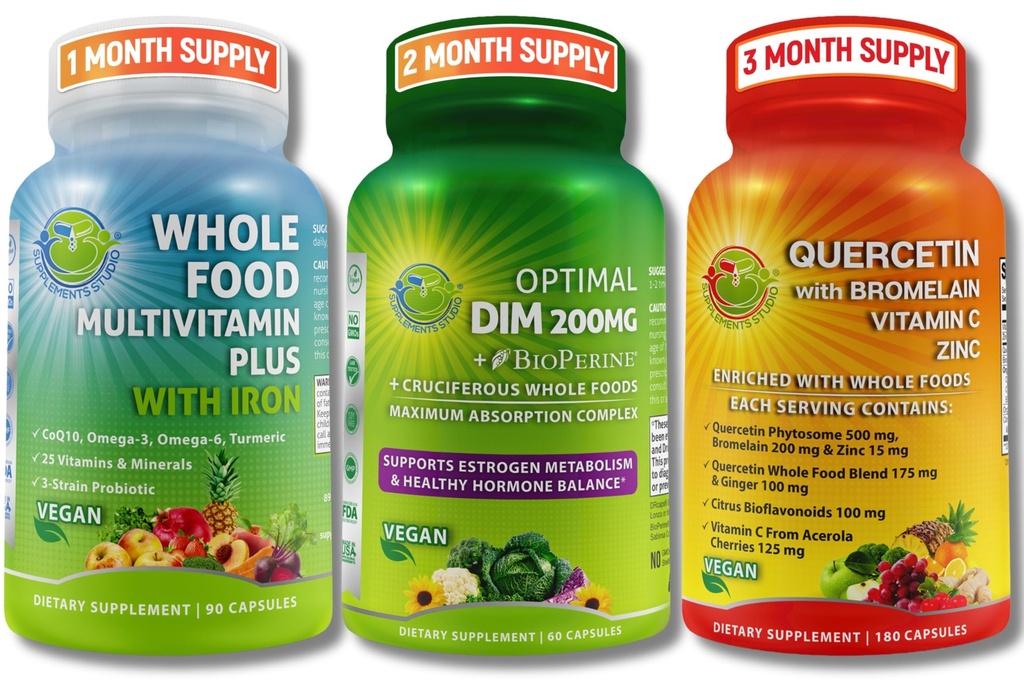 Daglig Hormonal & immunstøtte Bundle for kvinder & mænd - DIM 200mg for Hormonal Balance + Quercetin 500mg med Bromelain & Zink + hel mad Multivitamin med jern - Vegan, Non- GMO Wellness Support