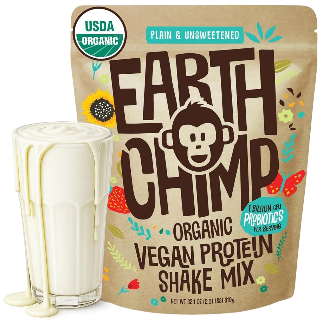EarthChimp Organic Vegan Protein Powder - med Probiotika - Ikke GMO, Dairy Free, Non Whey, Plant Based Protein Powder for Women and Men, Gluten Free - 26 Servere 32 Oz (Plain & Usødet)