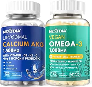 Liposomal Calcium AKG Supplement 1500mg + Vegan Omega 3 Supplement 1000mg