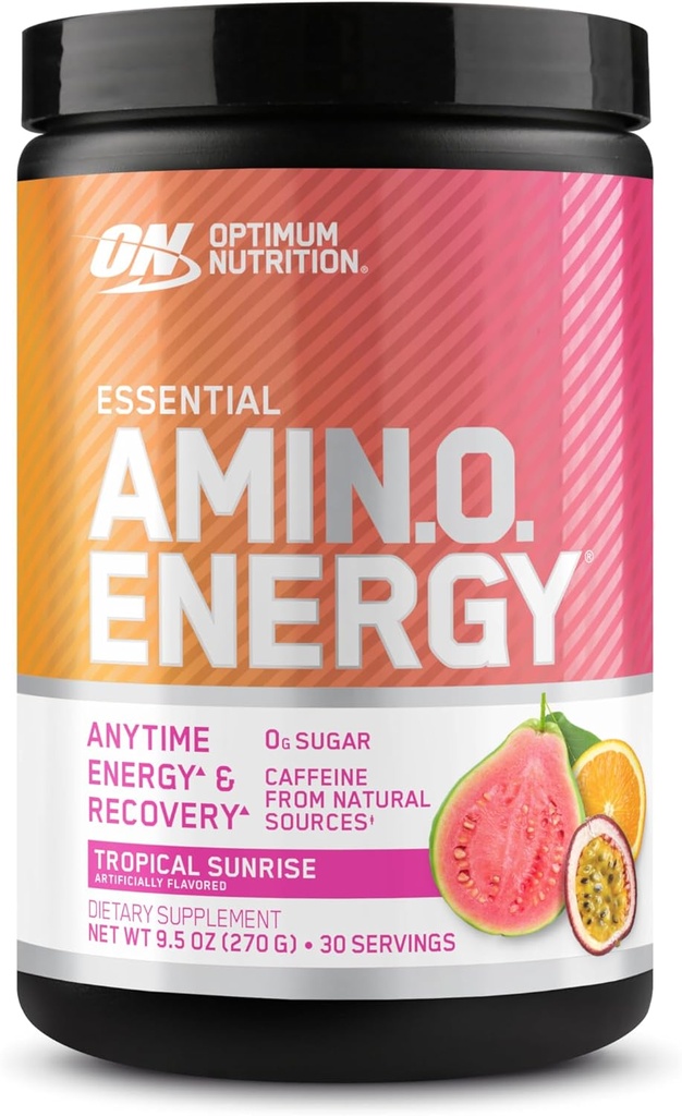 Optimum Nutrition New Flavor Amino Energy - Pre Workout med grøn te, BCAA, Aminosyrer, Keto Friendly, Green Coffee Extract, Energy Powder - Tropical Sunrise, 30 Servere (Packaging May Vary)