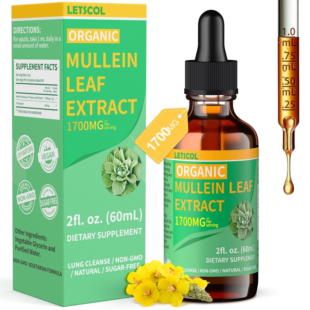 Organic Mullein Drops til Lung Cleanse, Kraftfuld 1700mg Mullein Leaf Extract for Immunation & Respiratory Support, Natural Mullein Supplement Tincture Drops Non- GMO & Vegan, 2 Fl Oz