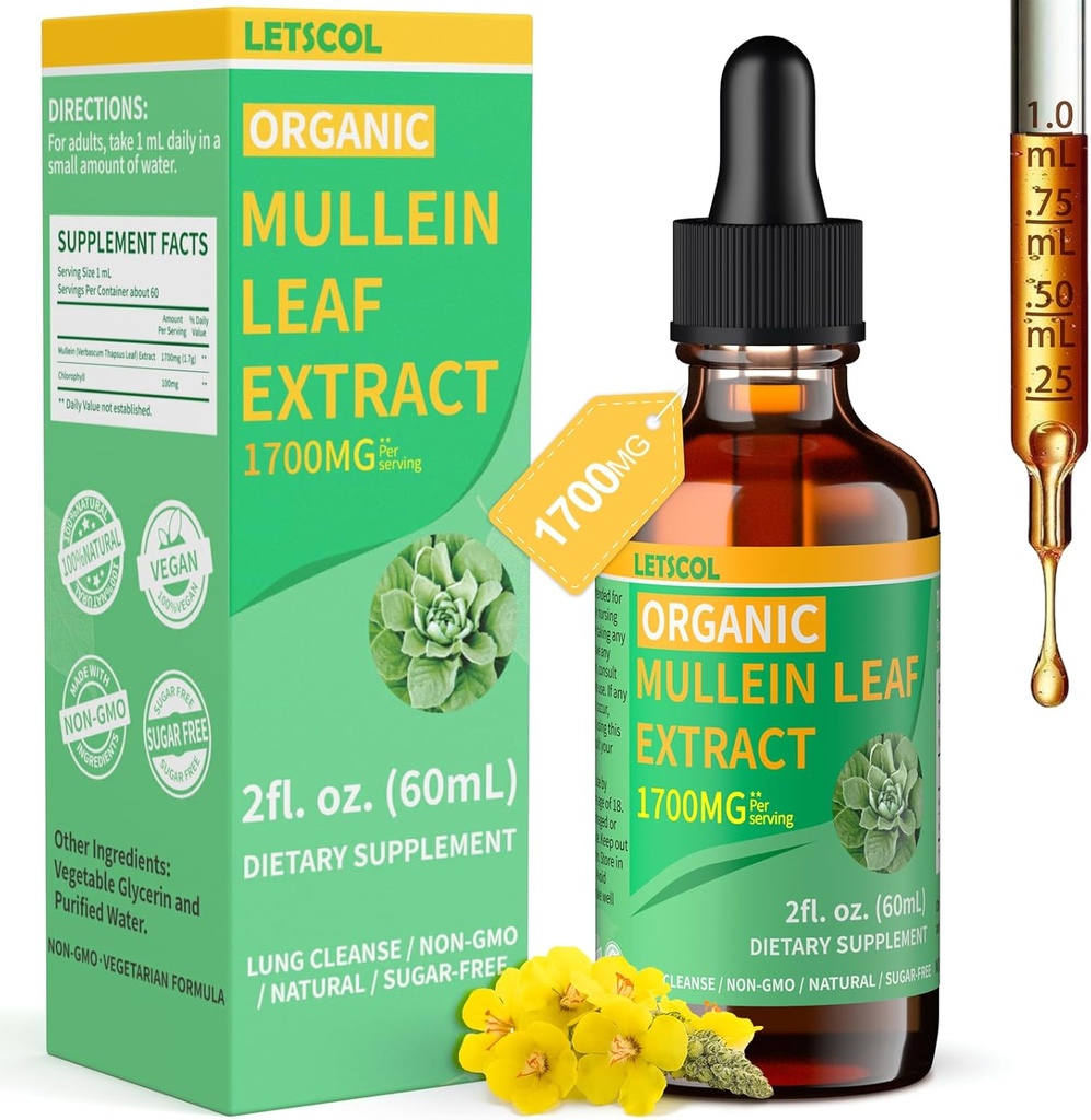 Organic Mullein Drops til Lung Cleanse, Kraftfuld 1700mg Mullein Leaf Extract for Immunation & Respiratory Support, Natural Mullein Supplement Tincture Drops Non- GMO & Vegan, 2 Fl Oz