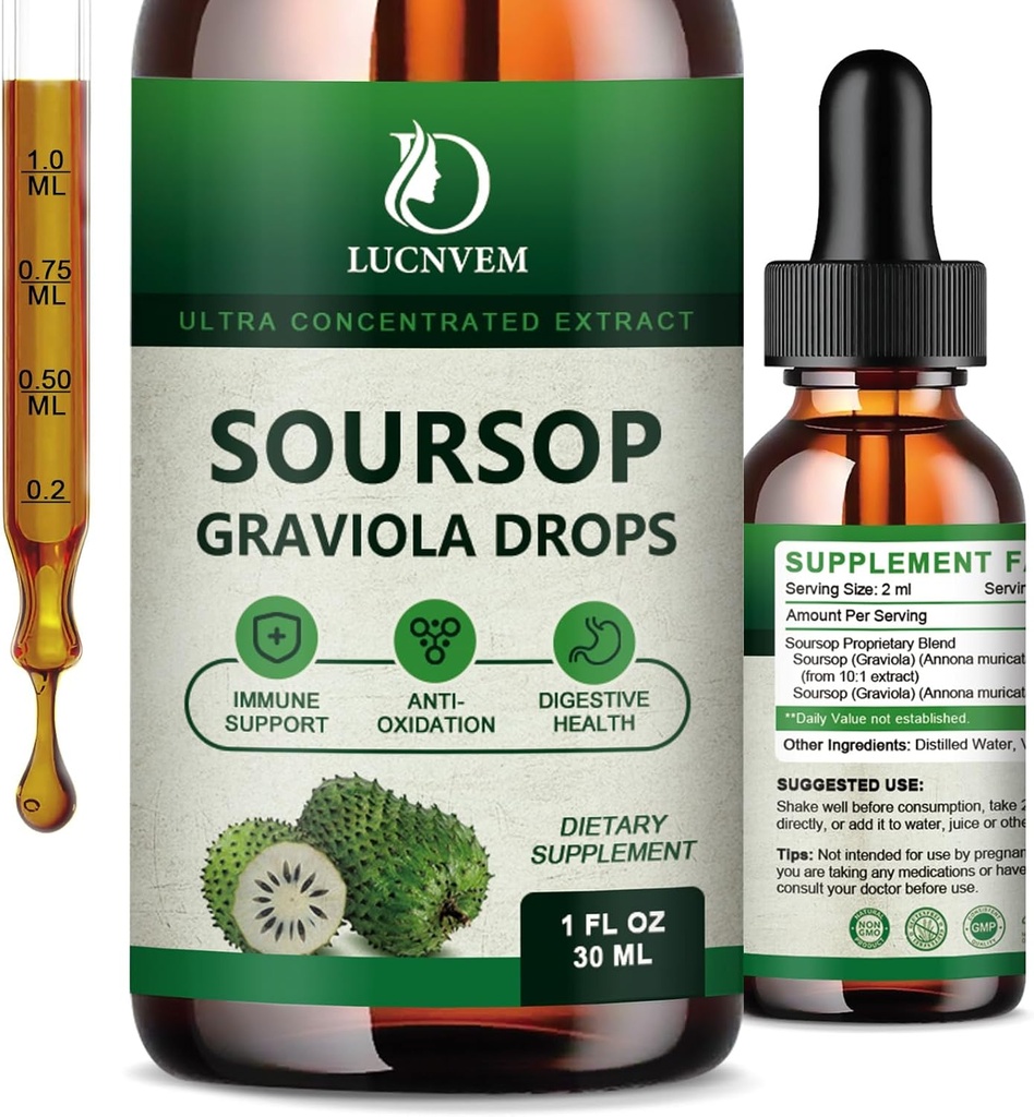 (2 Pack) Organic Soursop Graviola Liquid Drops, Soursop Extract Organic Pure for Natural Antioxidant, Cell Support & Regeneration, Immunboost, Soursop Bitters Liquid Rich in Multivitamin - 2 FL OZ