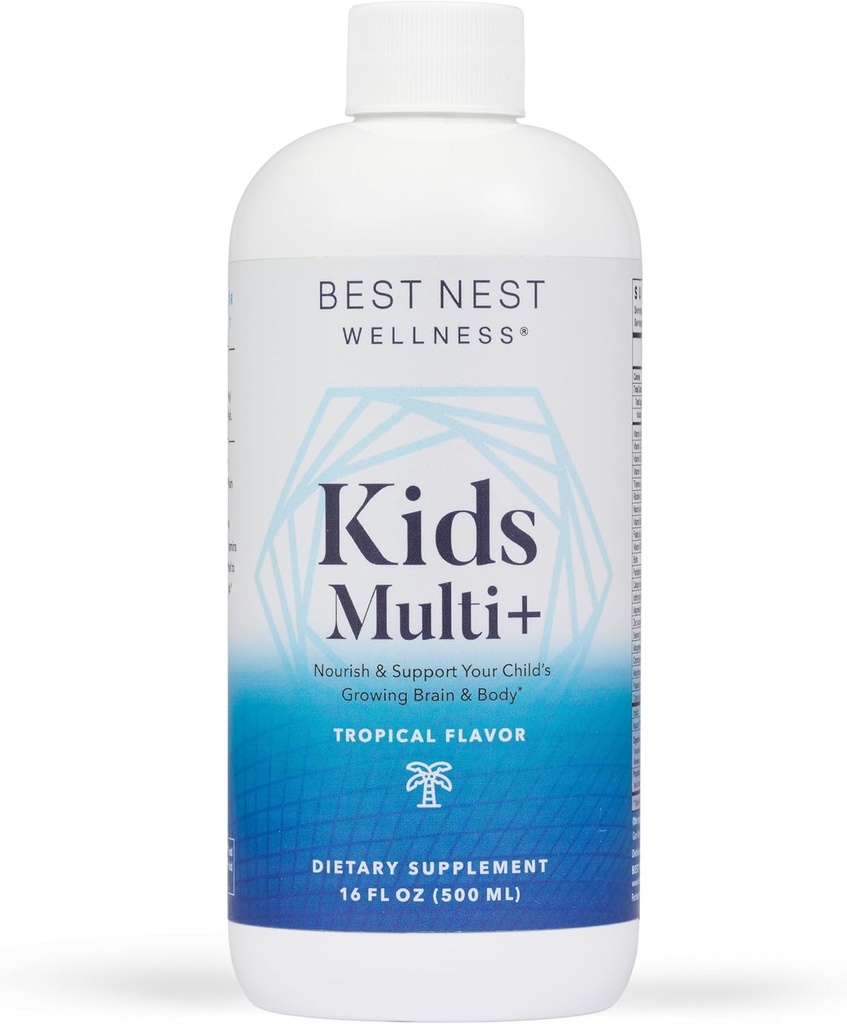 Bedste Nest Wellness Kids Multi Plus - Brain Health Support for Kids - Flydende Multivitamin med methylerede vitaminer - Ernæringstilskud Immunsundhed - Tropical Flavor, 16 fl oz