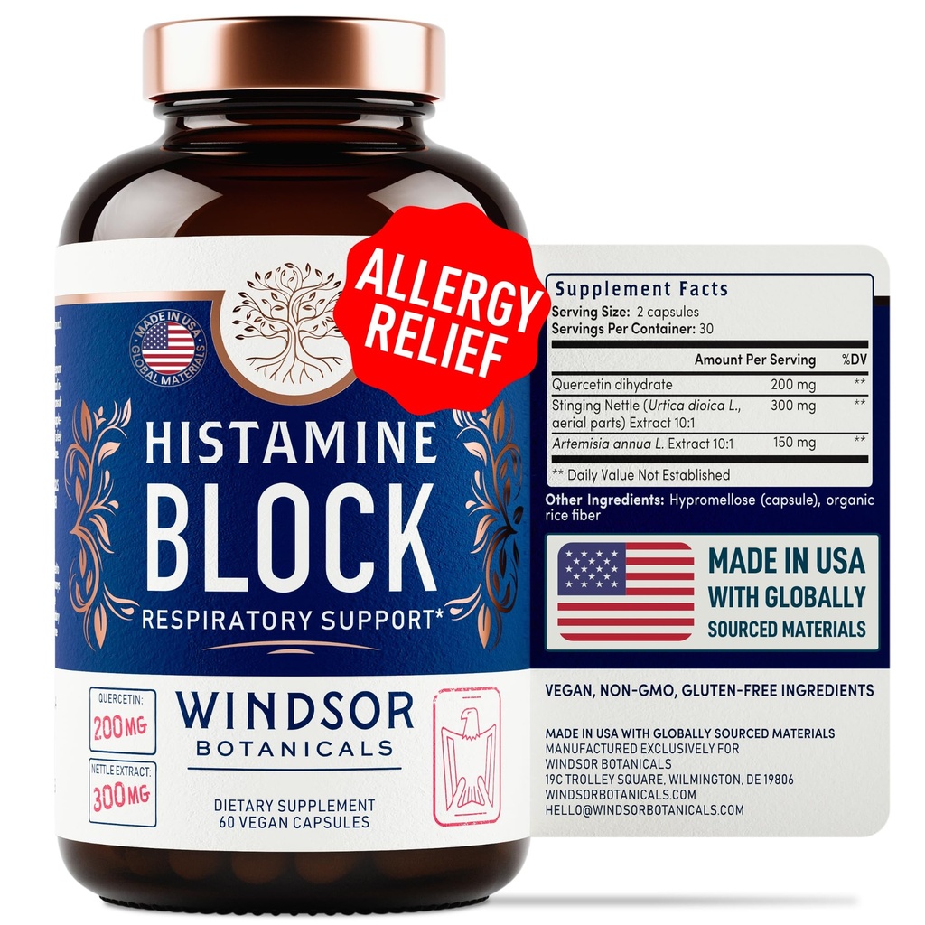 Histamin Blocker til allergier - Quercetin, Stinging Nettle Flavonoider naturlige antihistamin tabletter - Allergi Relief Kosttilskud & Antihistaminer til voksne - 60 Vegan Histamin Block kapsler