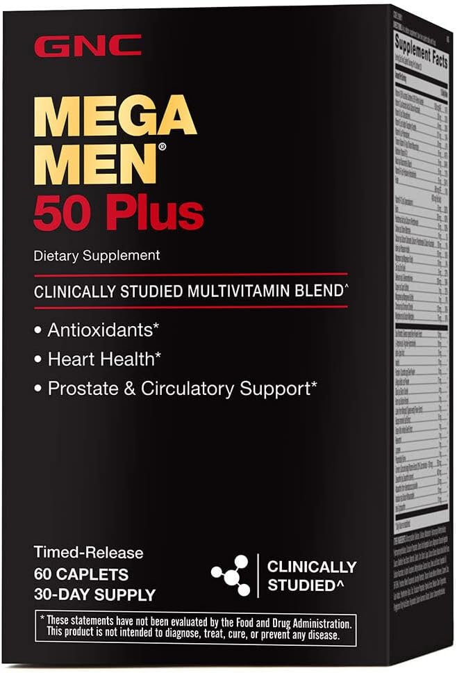 GNC Mega Men 50 Plus Multivitamin Caplets, Clinically Proven, Heart & Prostate Health, B Vitamins, Saw Palmetto, Memory, Vitamin D-3, 60 count