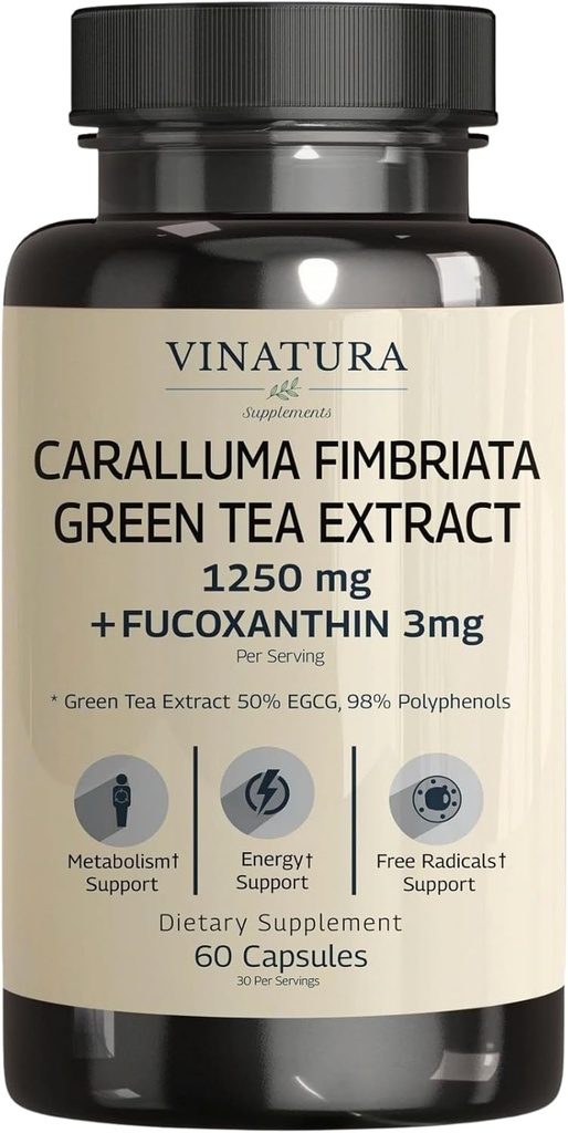 VINATURA Caralluma Fimbriata, EGCG 45% Extract 1250mg + Fucoxanthin 3mg per servering * USA Made & Tested * for immunforsvar, energi og mental fokus - 60 kapsler 30 Servere