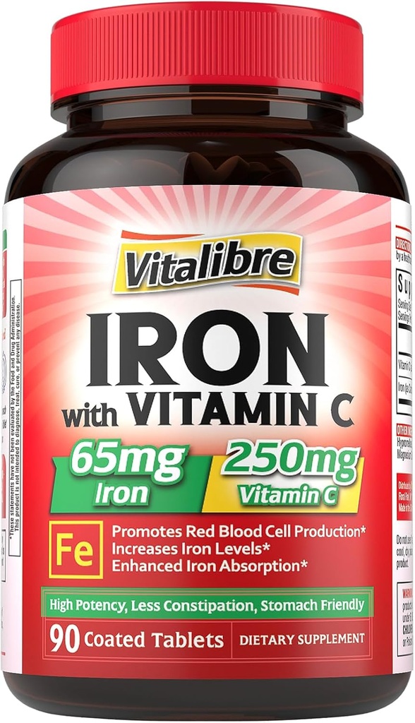 Jern supplement 65mg med C-vitamin, Mave venlige Carbonyl Jern, Høj Absorption, Når dagligt, Understøtter røde blodceller produktion, Gluten fri, Non- GMO, 90 tabletter