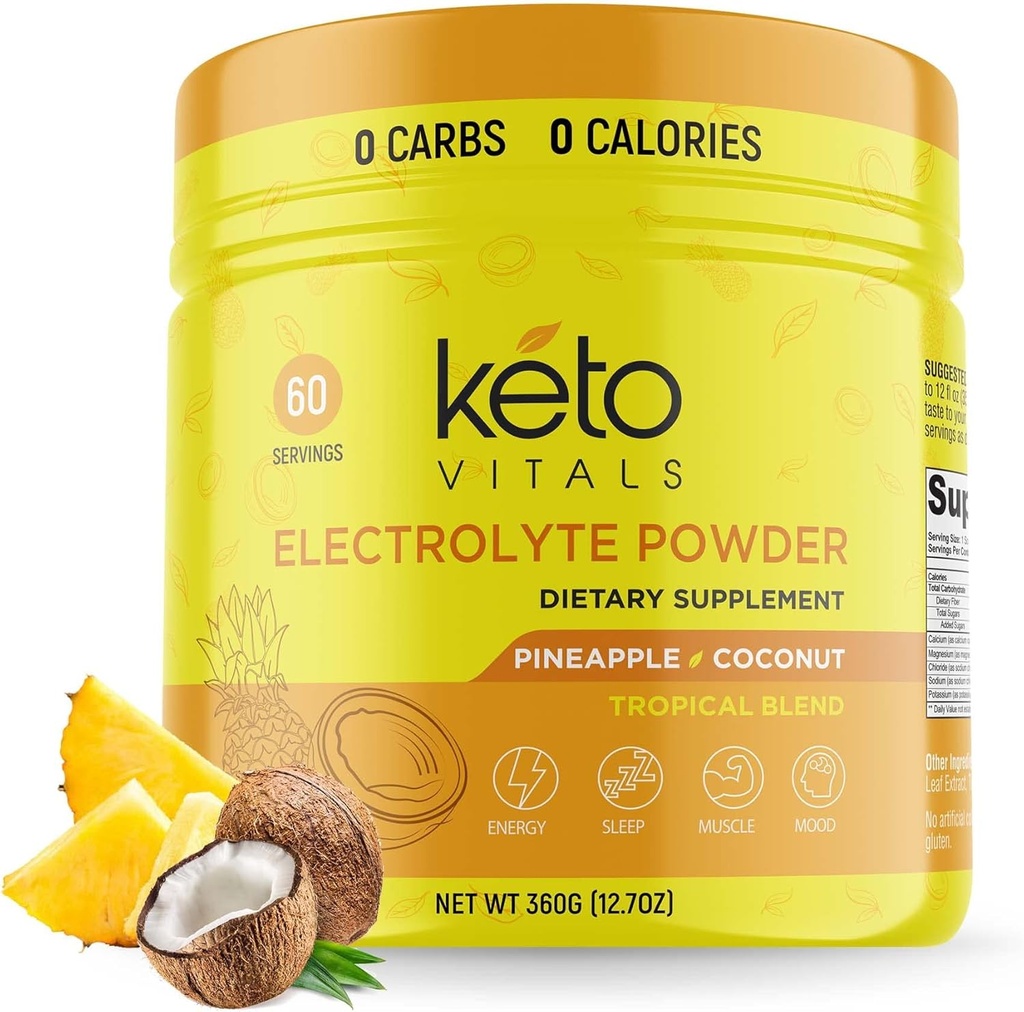 Keto Vitals Electrolytes Powder - Sugar Free Keto Electrolytes Powder with Kalium, Magnesium, Natrium, & Calcium - Ingen Sugar Electrolyte Drink Mix & Hydration Powder, 60 Servering, Ananas Kokokos
