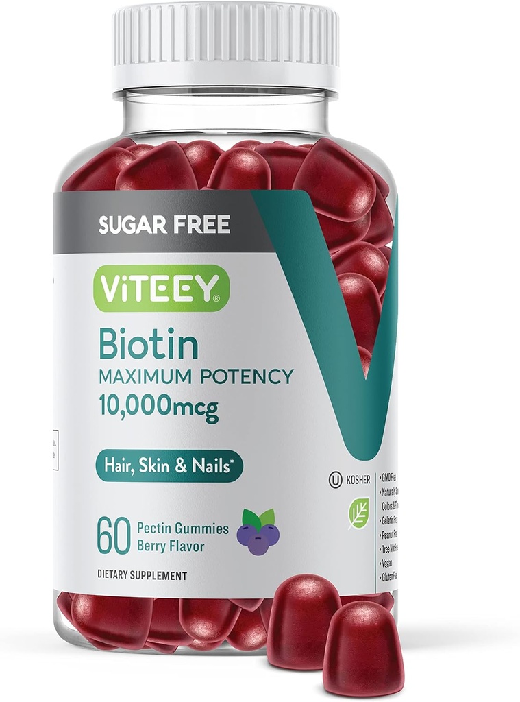 Viteey Biotin Gummies for Hår, Hud og Nails 10,000mcg - Sukker fri - Hårvækst Gummies, sund hud glød, stærk sund nail vækst - Vegan, Gluten fri, Gelatine fri- Tasty Berry Flavor