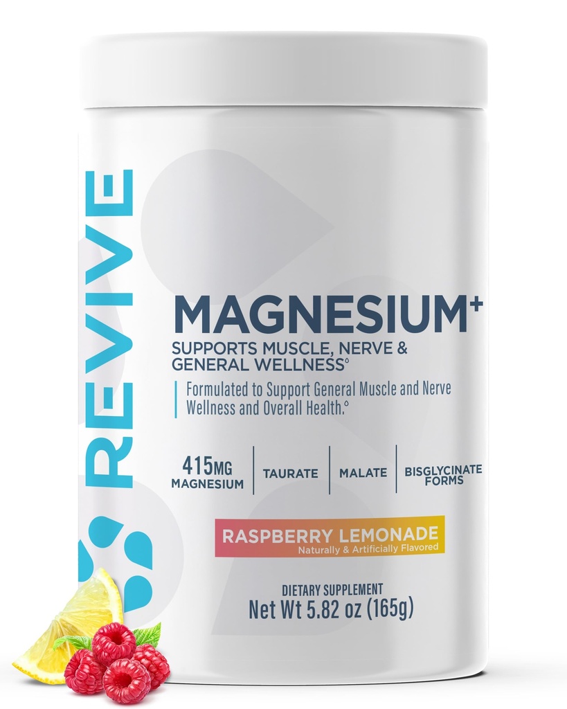 Revive MD Magnesium Powder Supplement - Magnesium Carbonat & Taurate Powder Drikke understøtter sunde knogler, muskler, & nerver - Vegan- Friendly, Gluten- Free & Soy- Free (Raspberry Lemonade, 30 Servere)