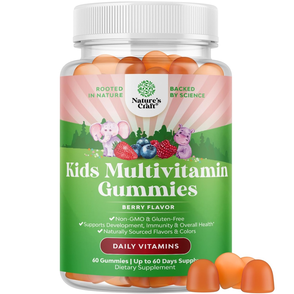 Natures Craft Kids Multivitamin Gummies - Multivitamin for Kids Immune Support with Vitamins A, C, D3, E, B6 & B12, Zinc & Iodine - Children's Vitamins Chewable Formula for Strong Health - 60 Count