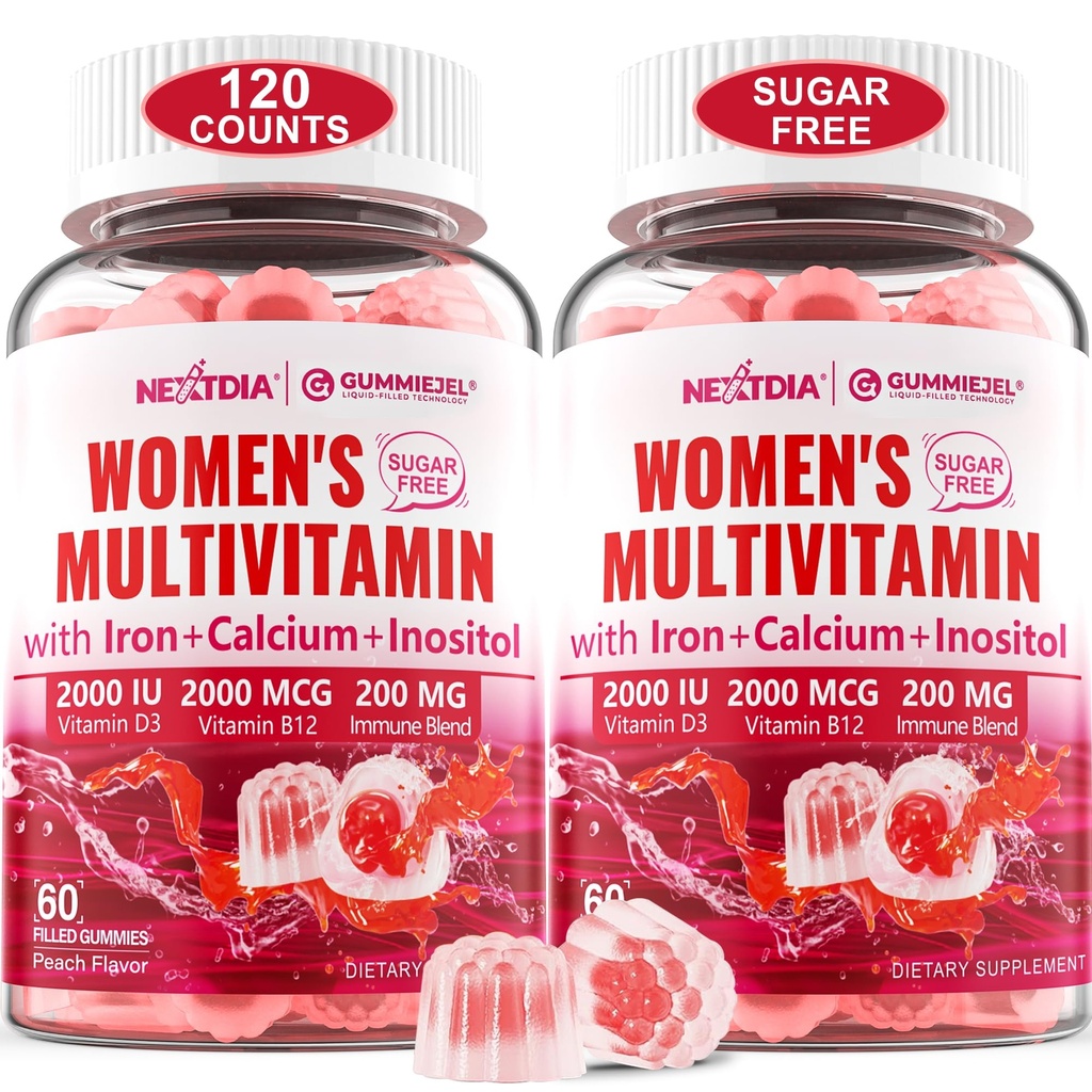 (2 Pack) Sukker fri Methylerede Multivitamin til kvinder Gummies med Calcium, D3 K2, Inositol, Folate, Biotin, Jern, Vitamin A, C, E, B Complex - Multi Vitamin & Minerals - Energy, Immun, Bone - Vegan