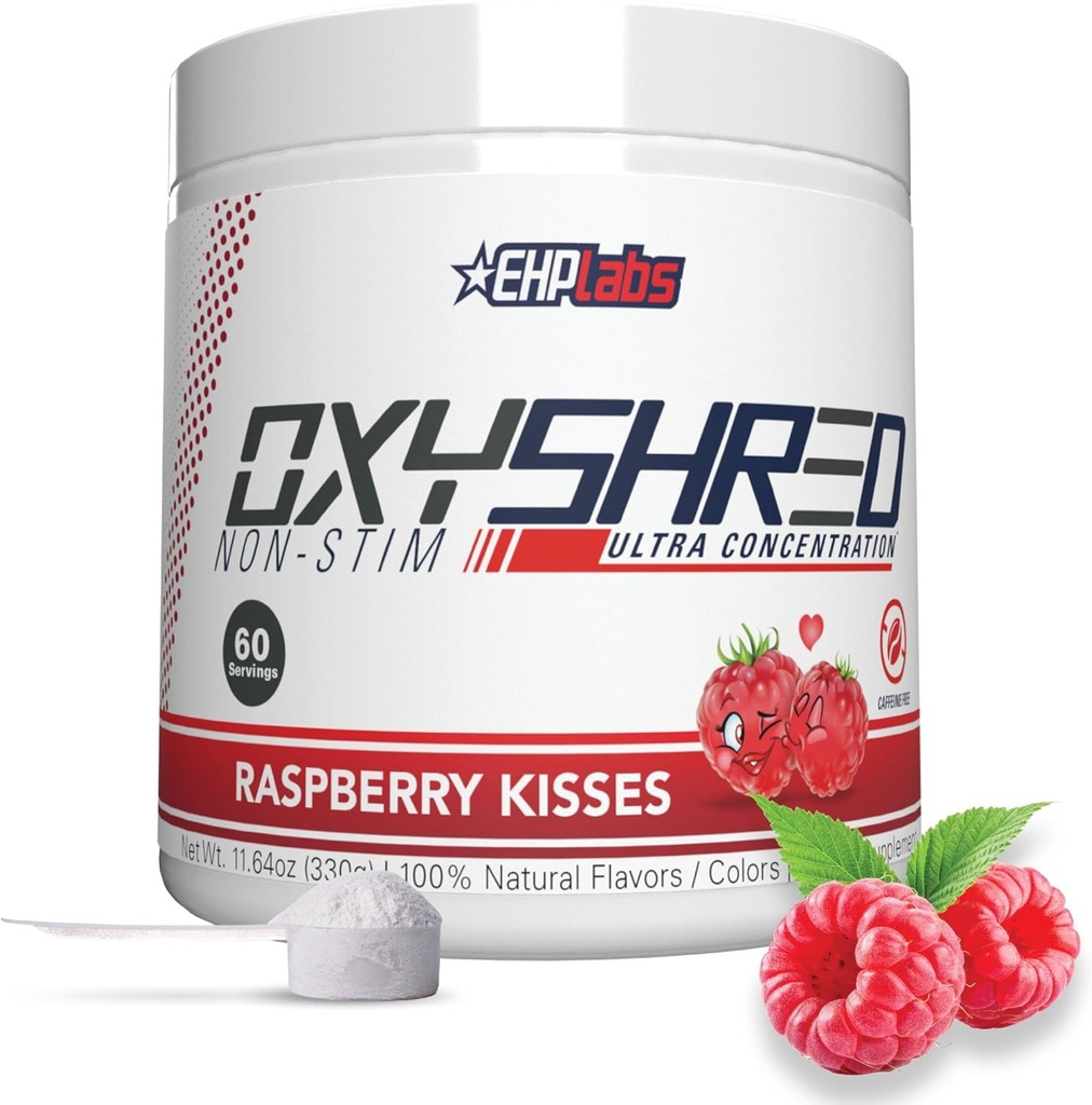EHP Labs OxyShred Ikke Stimulant Pre Workout Powder - Stim Free, Koffein Gratis Preworkout for mænd og kvinder - Ikke Stim Preworkout - Sukker Free Energy Powder - Hindbær, 60 Servering