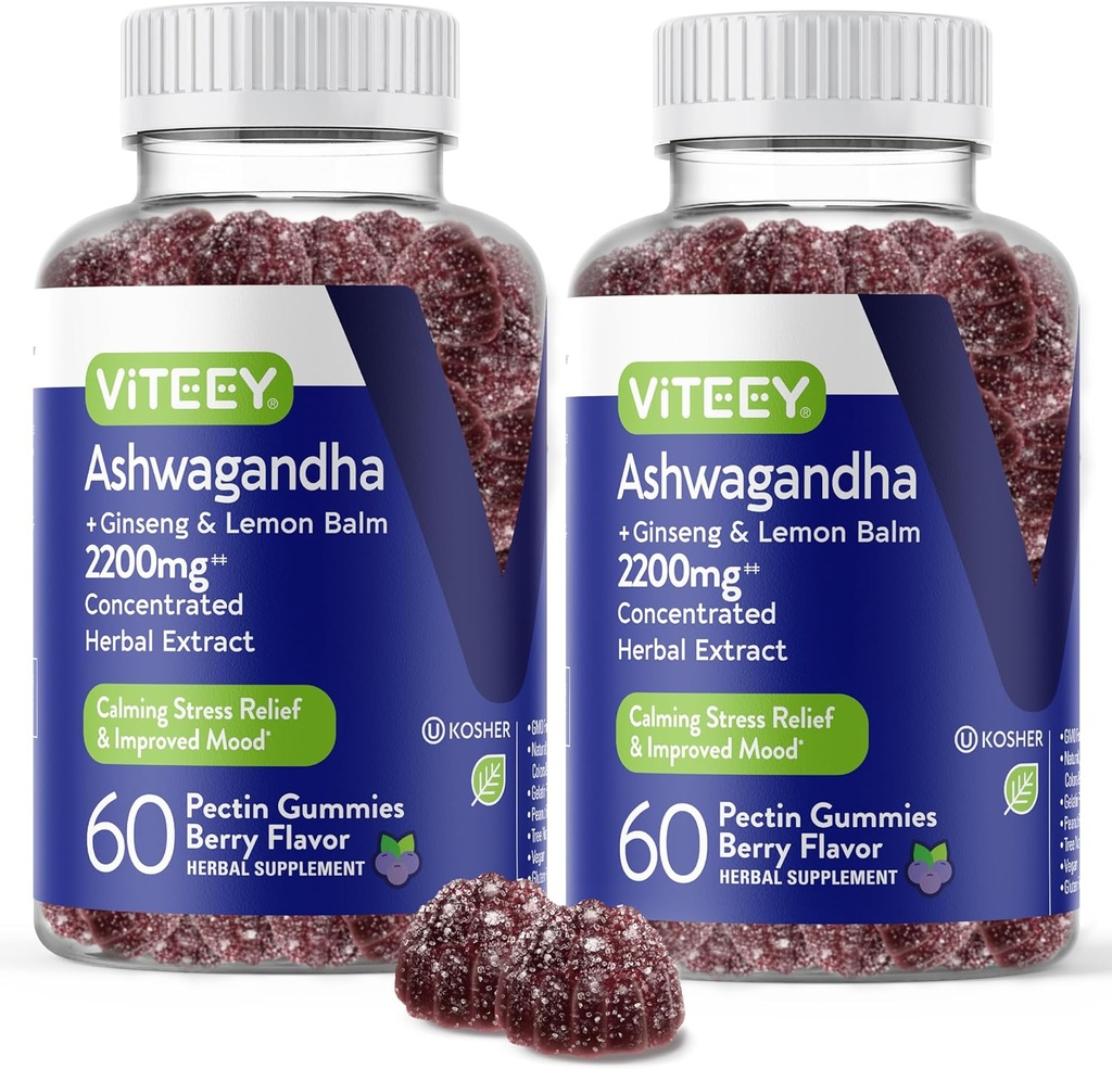Viteey Ashwagandha Gummies med Ginseng & Lemon Balm - Mood, Mood & Stress Support Ashwagandha Kosttilskud - Vegan, Gluten- Free - 120 Greve