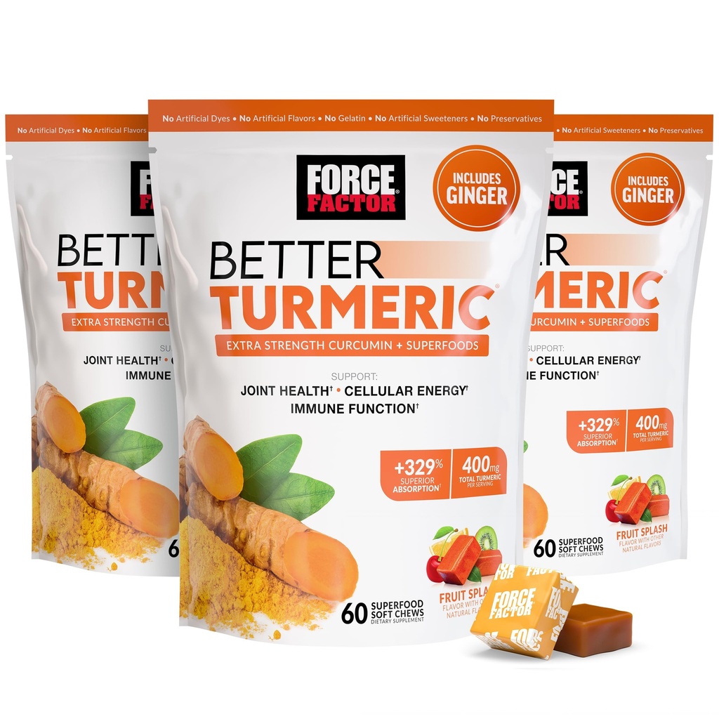 Kraftfaktor bedre gurkemeje fælles støtte supplement til ekstra styrke fælles sundhed, med HydroCurc gurkemeje med sort pepper til Superior Absorption, Frugt Splash, 180 Soft Chews