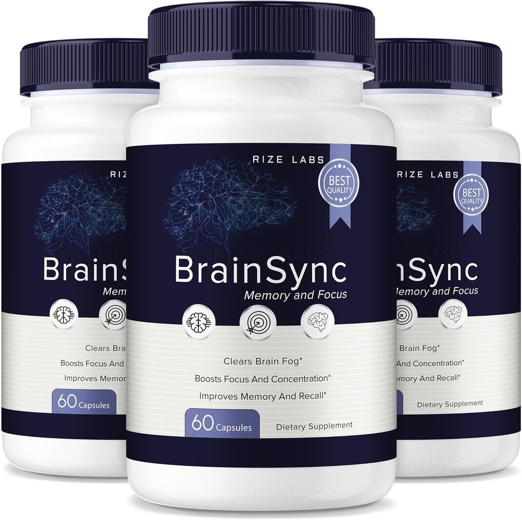 rize labs - BrainSync Capsules – Daily Focus & Clarity Formula with a Balanced Blend for Alertness and Memory Support | Easy-to-Take Pills for Everyday Use (180 Capsules)