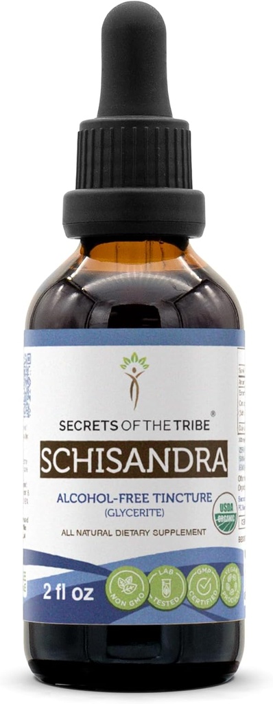 Secrets of the Tribe Schisandra USDA Organic Mezzogiorno 124; Alcohol- Free Extract, High- Potency Herbal Drops Mezzogiorno 124; Lavet af 100% Certified Organic Schisandra (Schisandra Chinensis) Tørret Berry 2 oz