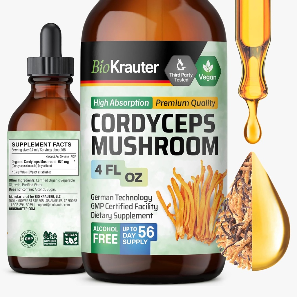 BIO KRAUTER Cordyceps Mushroom Extract - Cordyceps Sinensis Liquid Mushroom Extract - 670 mg per servering - Vegan, Alkohol & Sugar Free - 4 Fl.Oz.