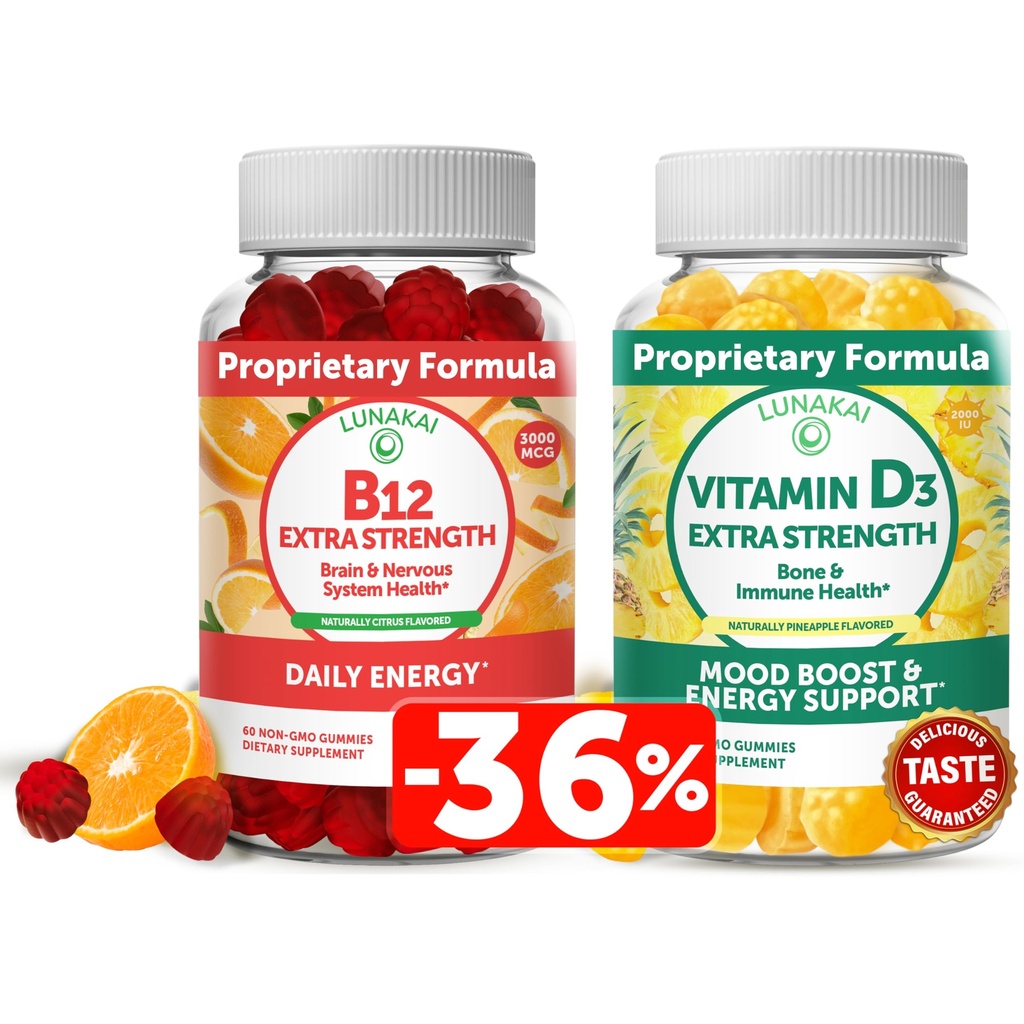 Lunakai vitamin D3 og vitamin B12 Gummies Bundle - Immunitet, ben og mood support VIT D3 2000IE tillæg - 3000mcg Methylcobalamin High Absorption Energy Gummy