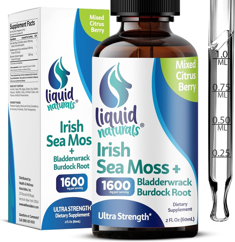 Irish Sea Moss Drops - Citrus Berry Flavor - 92 + Essential Minerals & Vitamin - Energi, Hud, Gut, Inddrivelse - Bladderwrack og Burdock Root - 2 fl. oz