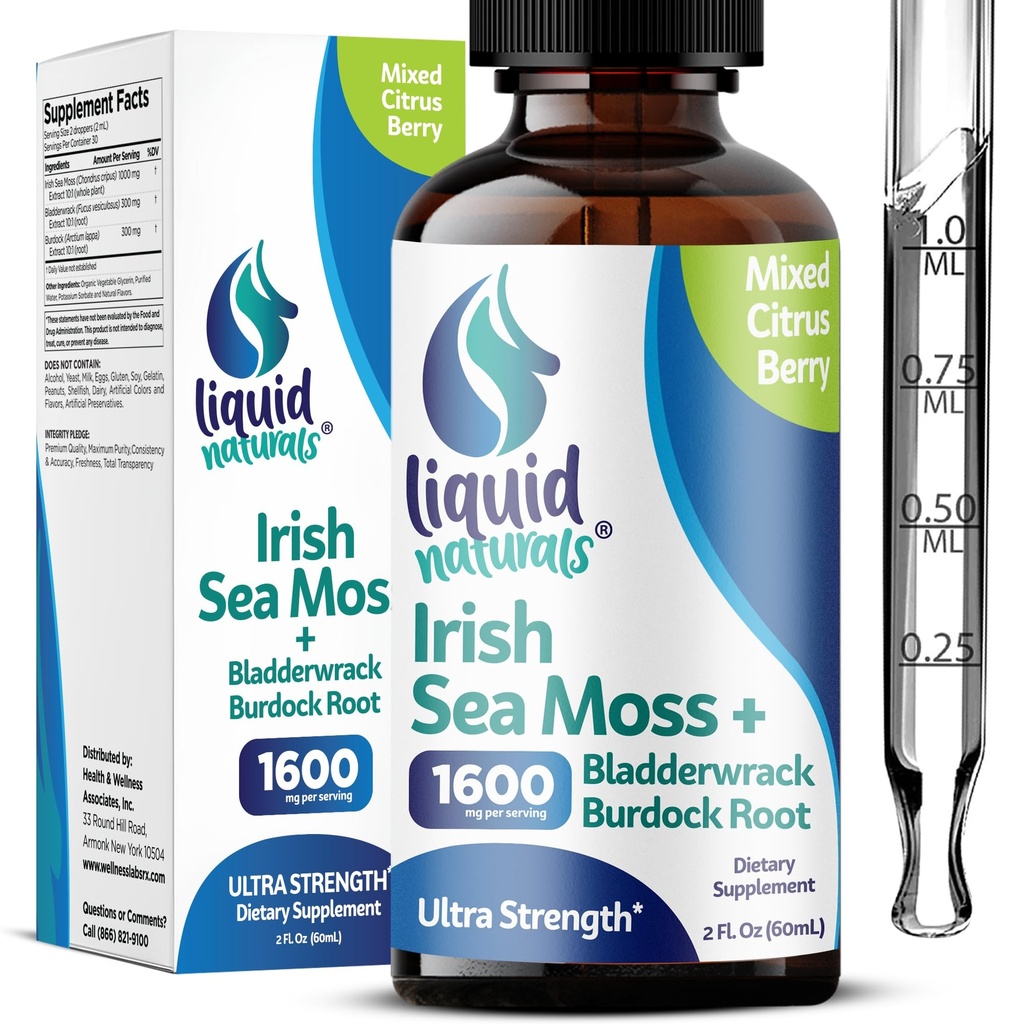 Irish Sea Moss Drops - Citrus Berry Flavor - 92 + Essential Minerals & Vitamin - Energi, Hud, Gut, Inddrivelse - Bladderwrack og Burdock Root - 2 fl. oz