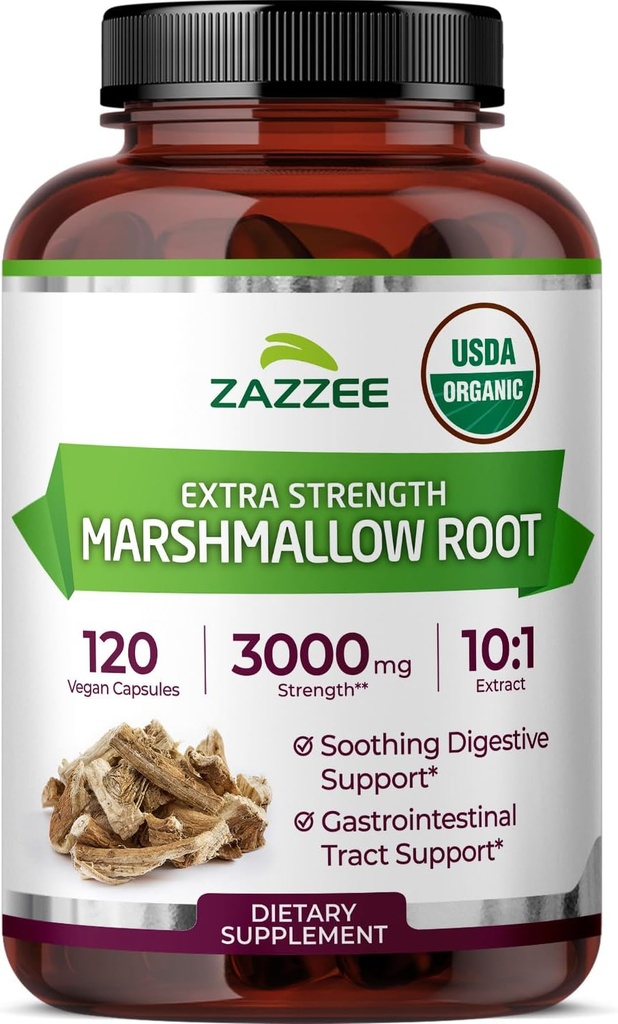 Zazzee USDA Organic Marshmallow Root 10: 1 Extract, 3000 mg Strength, 120 Vegan Capsules, 4 Måned Supply, Standardized, Concentrated 10X Extract, 100% Vegetar, All- Natural, Non- GMO, Lavet i USA