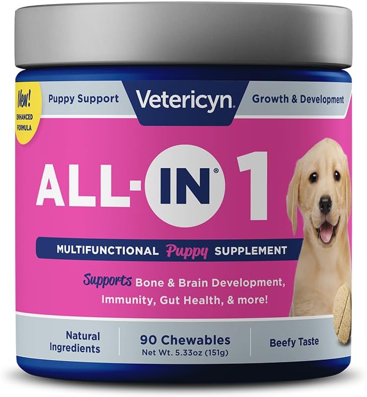Veteryn All- in 1 Multifunktionel Puppy Supplement- 124; fordøjelsesenzymer + antioxidant immunforsvar til hvalpe + Vitaminer, mineraler, Prebiotika, Probiotika, og Omegas. 90 Antal