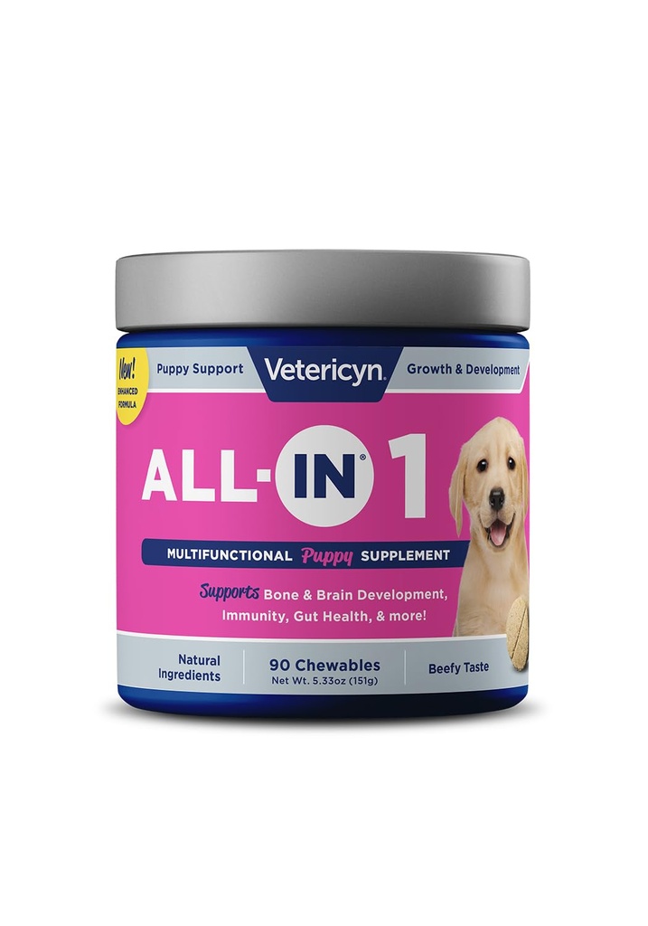 Veteryn All- in 1 Multifunktionel Puppy Supplement- 124; fordøjelsesenzymer + antioxidant immunforsvar til hvalpe + Vitaminer, mineraler, Prebiotika, Probiotika, og Omegas. 90 Antal