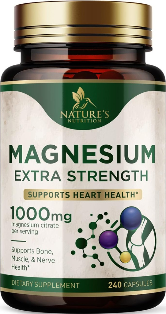 Magnesium Citrate 1000mg Per Serving - Extra Strength Magnesium for Bone, Muscle, Nerves & Heart Health Support, Natural Magnesium Supplement for Calm & Whole Body Support, USA Bottled - 240 Capsules