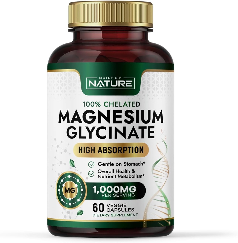 Bygget af Nature Magnesium Glycinate 1000mg - High Absorption Magnesium Supplement - 100% Chelated, Trøst på Mave - Muskel, hjerte, ben & slaphed Support - Non-GMO, Vegan - 60 Kapsler