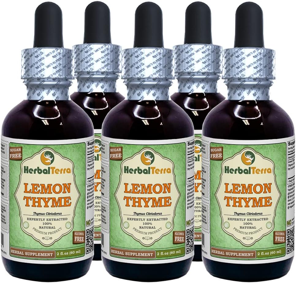 Lemon Thyme (Thymus x Citriodorus) Glycerit, Organic Tørret Herb Alkohol- Free Liquid Extract (Brand Name: HerbalTerra, Stolt Made in USA) 5x2 fl.oz (5x60 ml)