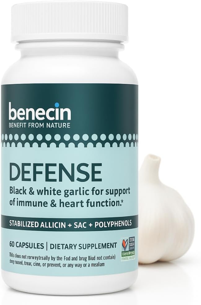 Benecin Defense 1500 mcg Stabilized Allicin per Capsule Measures 124; Plus høje mængder af SAC & Polyphenoler fra Black Garlic Measures 124; Kraftfuld støtte af immun- og hjertefunktion Vegetariske Caps (1 greve (pakke med 60))