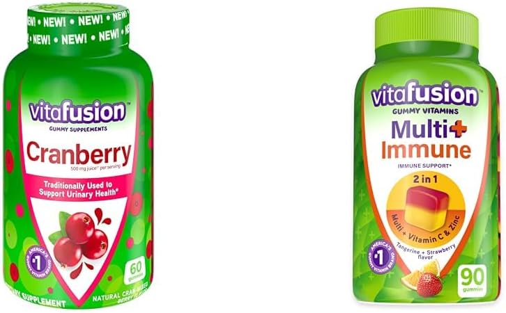 Vitafusion Tranebær Gummier til kvinder 500mg og Multi + immunforsvar Gummier med C-vitamin Zink Daglige Multivitaminer 90 Tæl