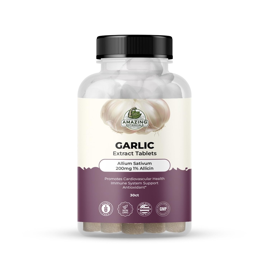 Amazing Botanicals Hvidløg Extract Tablets - Allium Sativum 200mg, 1% Allicin - High Potency Herbal Supplement for Wellness og Vitality - 30 Greve