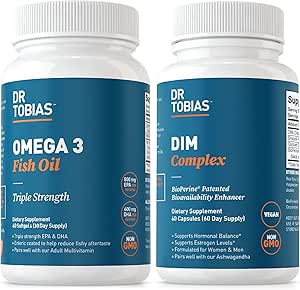 Dr. Tobias Omega 3 Fish Oil og DIM Complex Kosttilskud, understøtter hjerte, hjerne immunfunktion og hormon Balance for kvinder & mænd med BioPerine, Borccoli Extract & Calcium D- glucarat, 60 kapsler