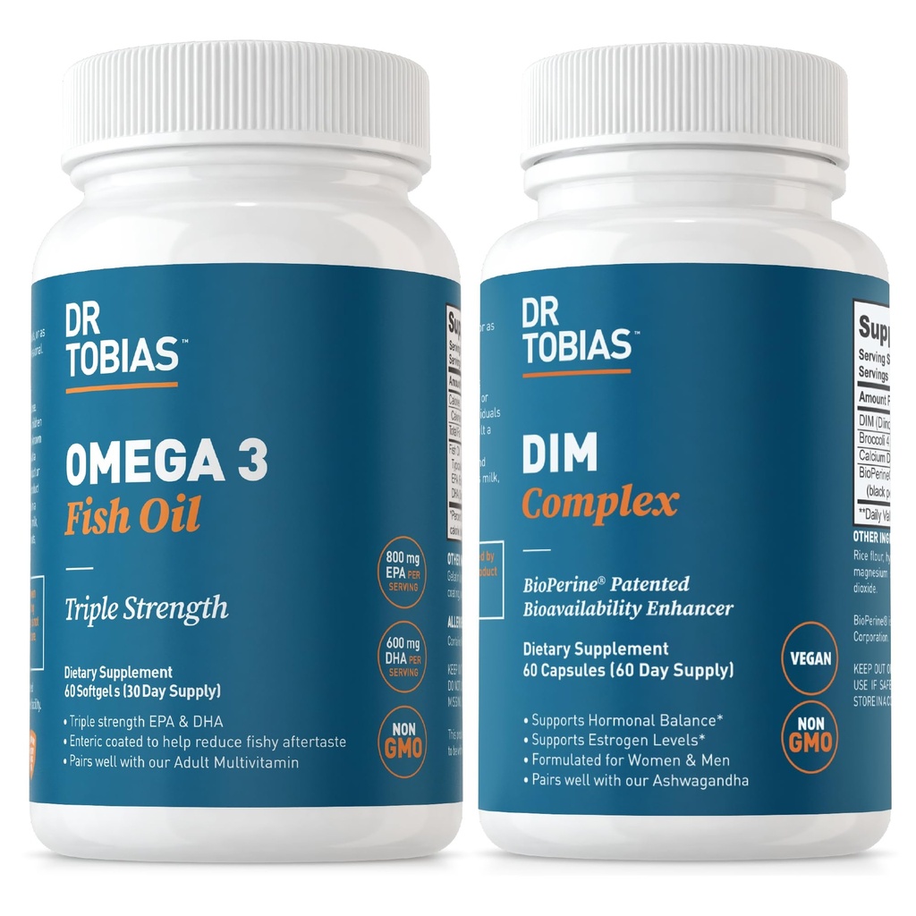 Dr. Tobias Omega 3 Fish Oil og DIM Complex Kosttilskud, understøtter hjerte, hjerne immunfunktion og hormon Balance for kvinder & mænd med BioPerine, Borccoli Extract & Calcium D- glucarat, 60 kapsler