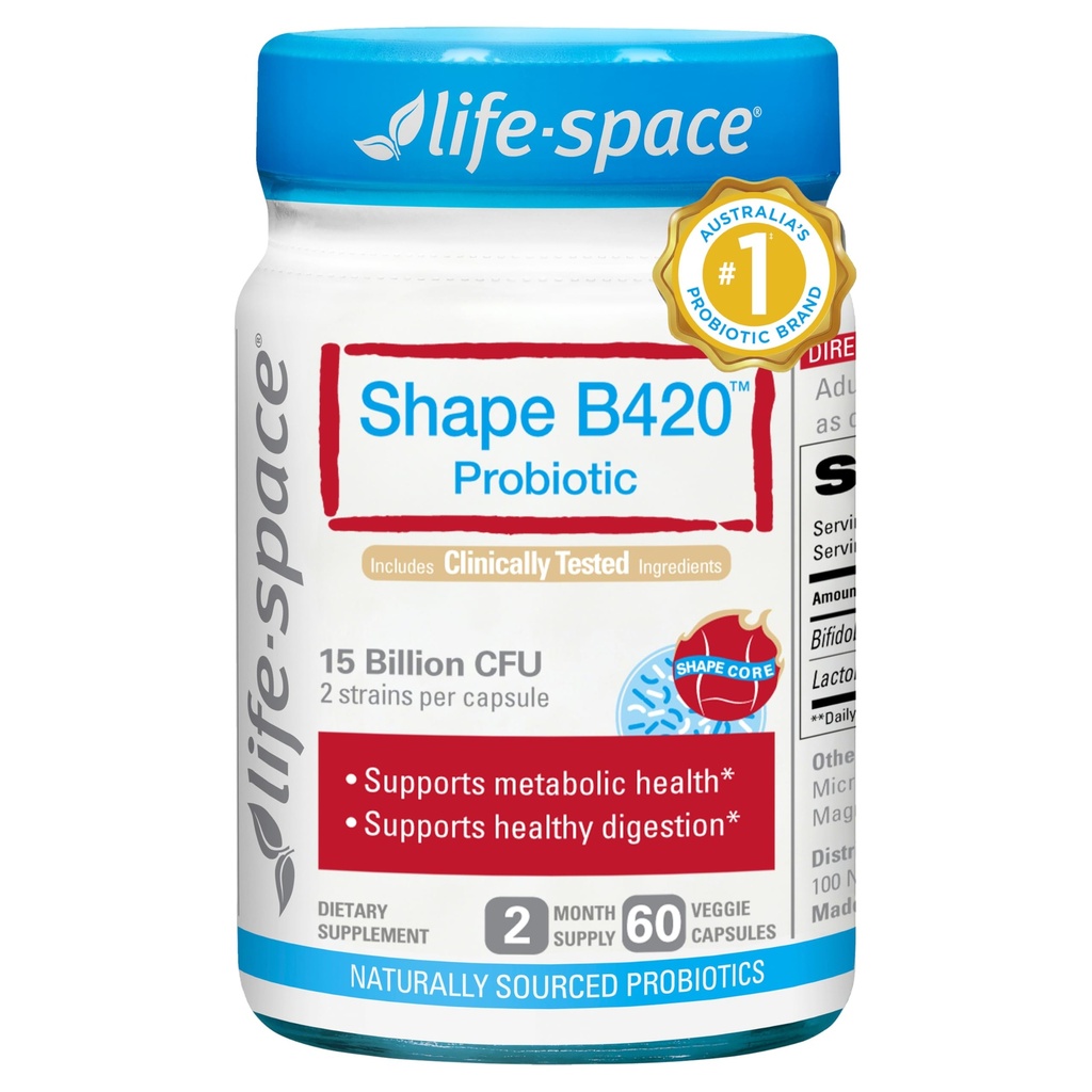 Life- Space Shape B420 Probiotika til Shape Bedre, GLP-1 Boost, 2 måneders servering, Klinisk Backed Metabolisme Support, Probiotika til kvinder og mænd, 60 Vegetariske Kapsler
