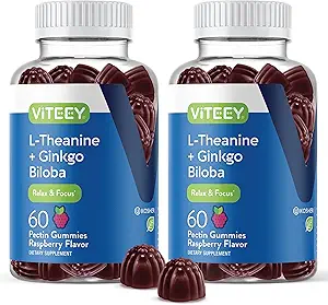 Viteey L- Theanine Gummies med Ginkgo Biloba for voksne - hjælpemidler i Focus & Relax, Forbedre Mood - Ikke GMO, Gelatine fri, Vegan, Gluten fri, naturligt sour Chewable Tasty Raspberry Flavored Gummy