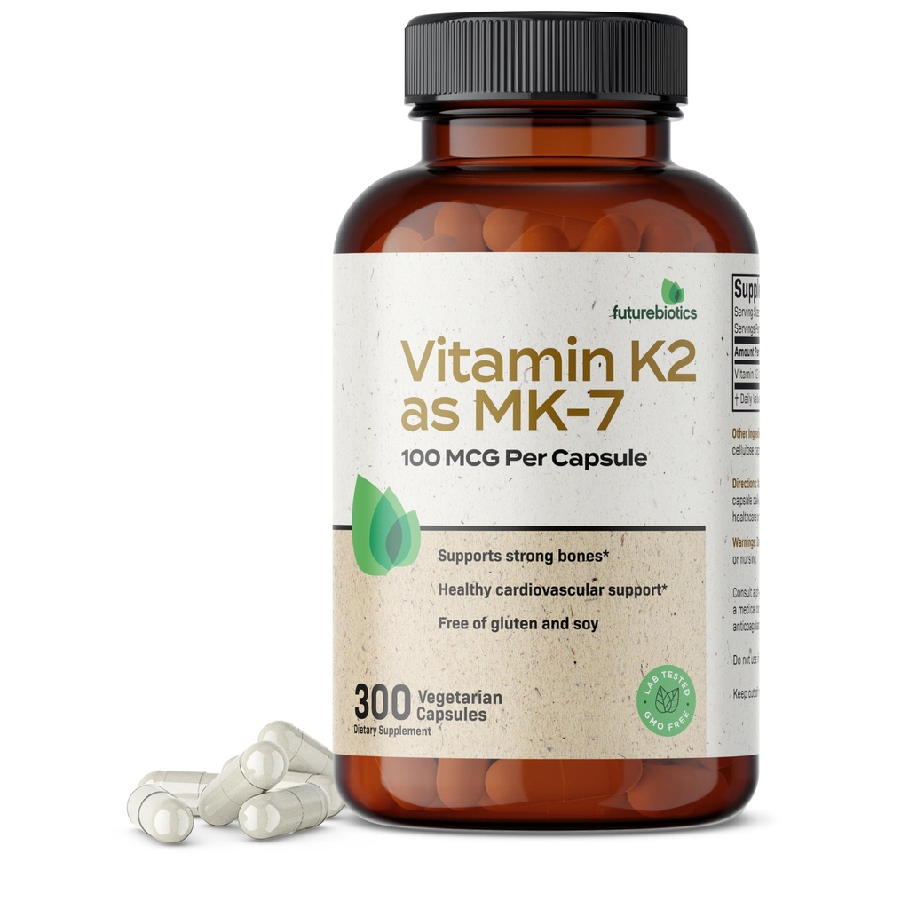 Futurebiotika Vitamin K2 som MK- 7 100 mcg, Understøtter stærke knogler - Non- GMO, 300 vegetariske kapsler