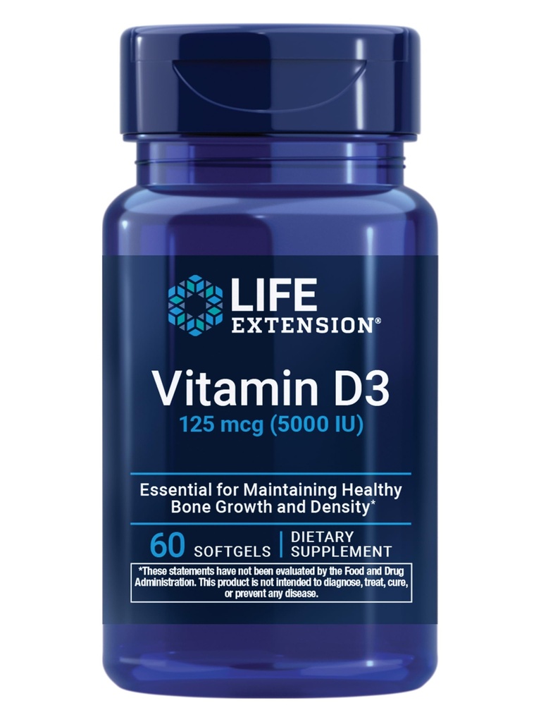 Life Extension Vitamin D3 125 mcg (5000 IE), Bone Health, Brain Performance, Immunsystemet Support, Gluten- Free, Non- GMO, Når dagligt, Two-Month Supply, 60 Softgels