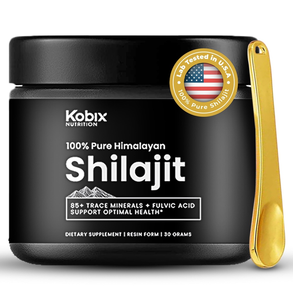 Kobix Pure Himalayan Shilajit Resin, High Nutritional Potency, 85 + Trace Minerals Humic & Fulvic Acid, Immunstøtte til mænd og kvinder, 3. part US Lab Teved- 30g