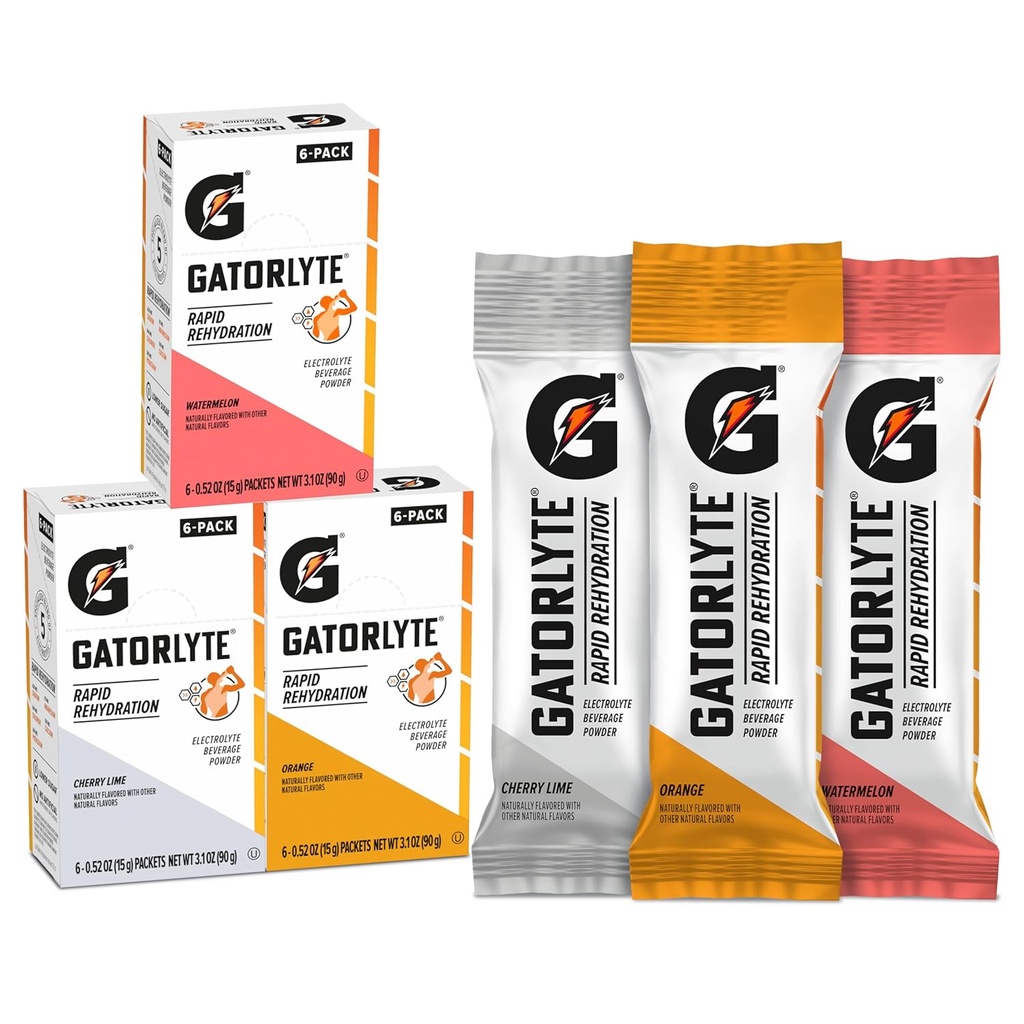 Gatorlyte Rapid Rehydration Electrolyte Beverage, Variety Pack, Lavere Sukker, Specialiseret Blend af 5 Electrolytes, Ingen kunstige sødestoffer eller flavors, 18 pack, 1 pakning blander med 16.9oz (500ml) vand