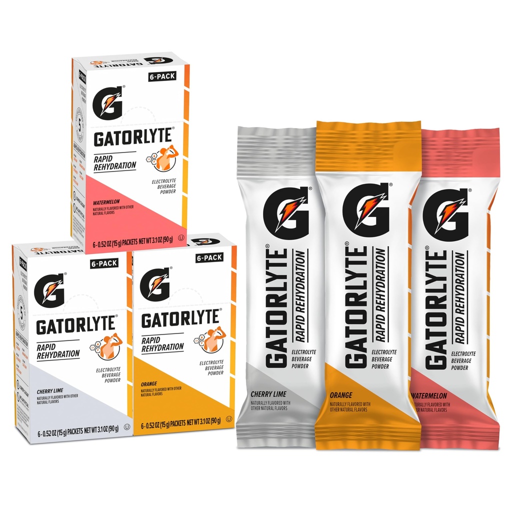 Gatorlyte Rapid Rehydration Electrolyte Beverage, Variety Pack, Lavere Sukker, Specialiseret Blend af 5 Electrolytes, Ingen kunstige sødestoffer eller flavors, 18 pack, 1 pakning blander med 16.9oz (500ml) vand