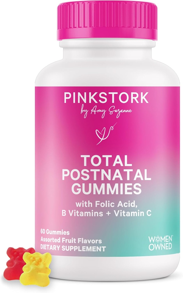 Pink Stork Total Postnatal Vitamin Gummies - Multivitamin til Postpartum Inddrivelse og Amning Support - Folinsyre, B6, & C-vitamin - Postpartum Essentials - 60 Gummy Vitamin