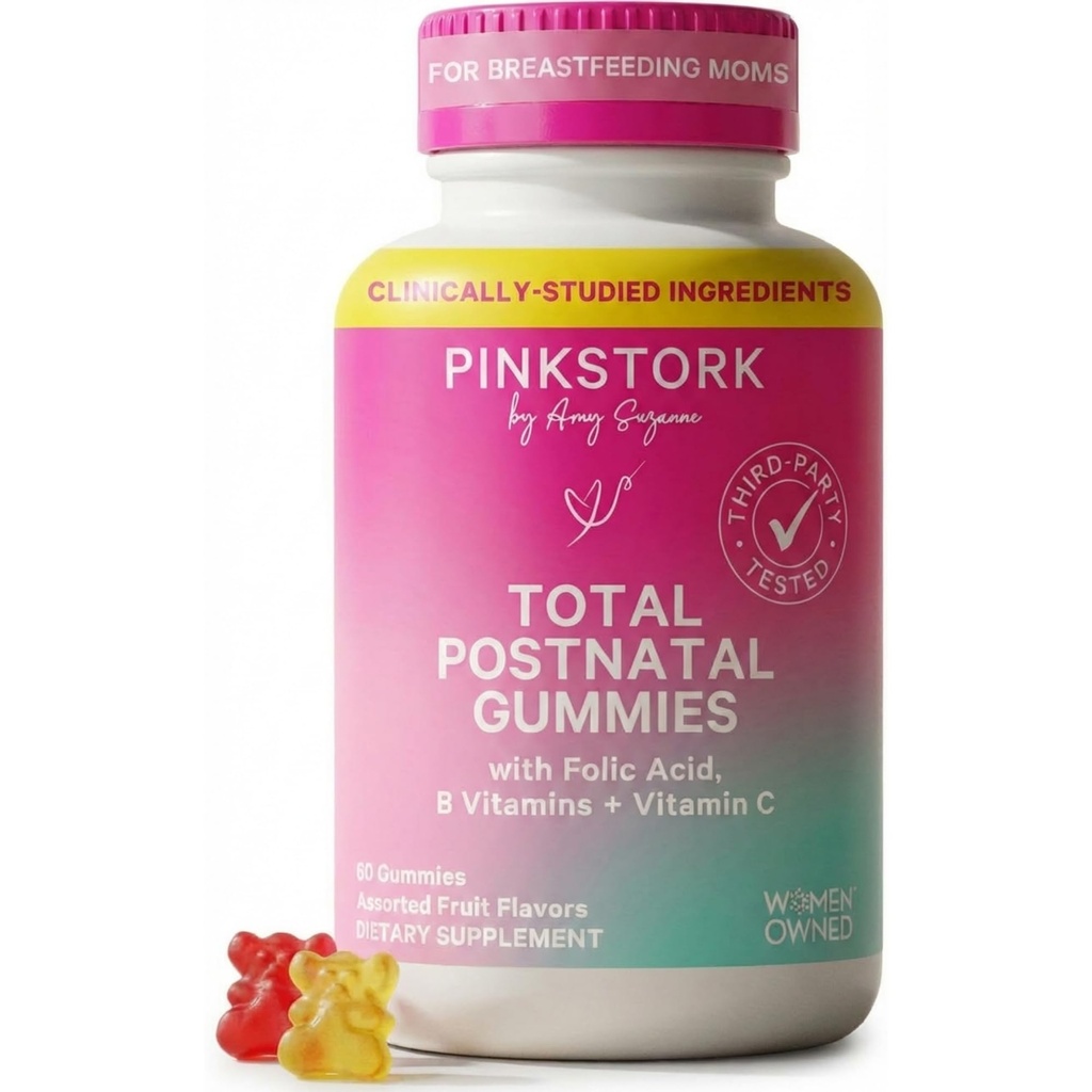 Pink Stork Total Postnatal Vitamin Gummies - Multivitamin til Postpartum Inddrivelse og Amning Support - Folinsyre, B6, & C-vitamin - Postpartum Essentials - 60 Gummy Vitamin